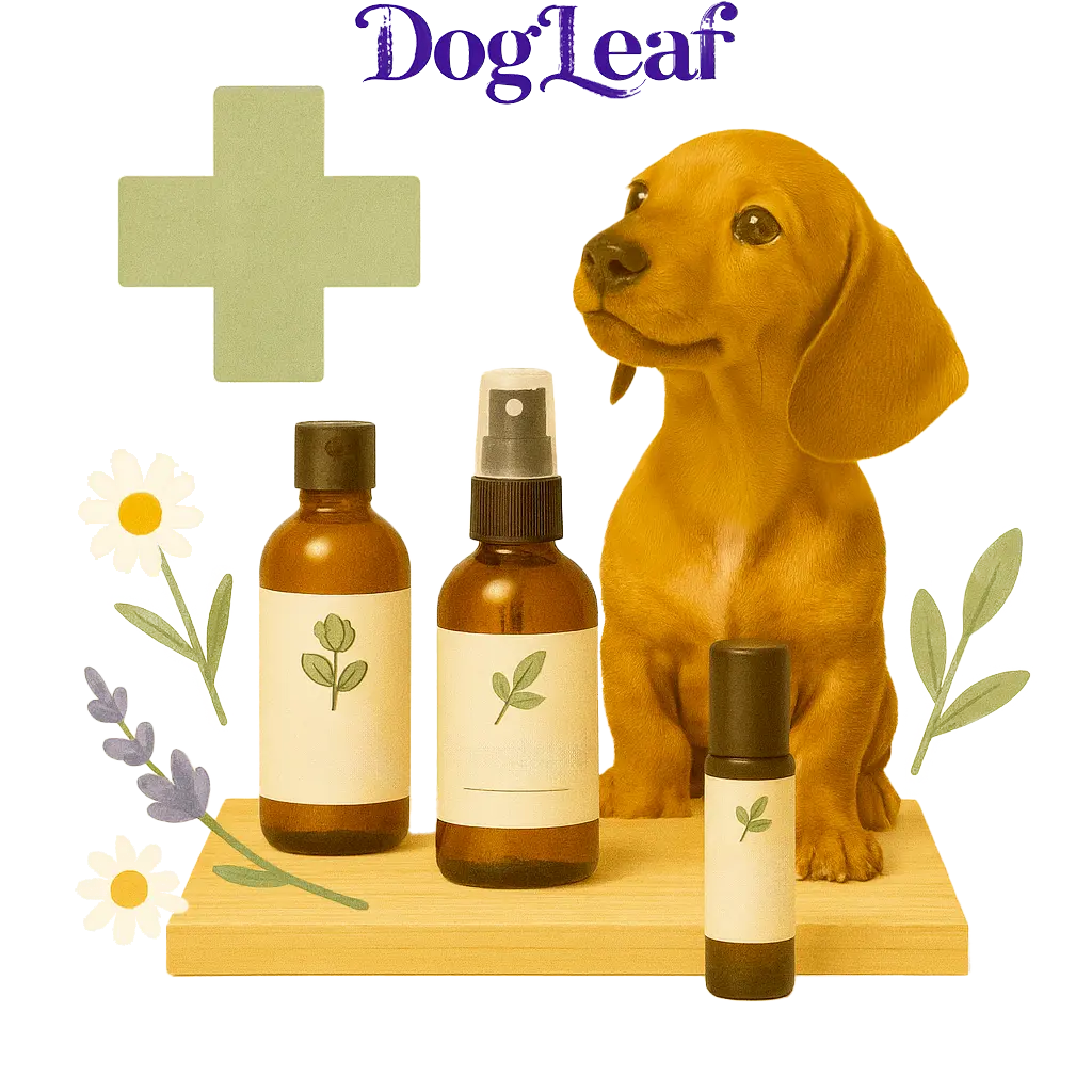 Un petit chien mignon pose devant des sprays et des flacons de soins santé