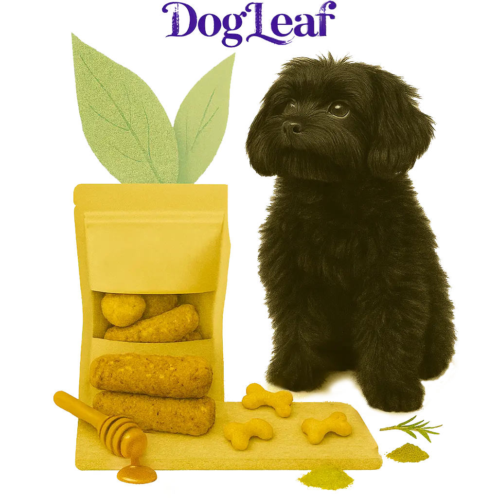 Un joli petit chien noir pose devant des barres de céréales et des croquettes avec une cuillère à miel