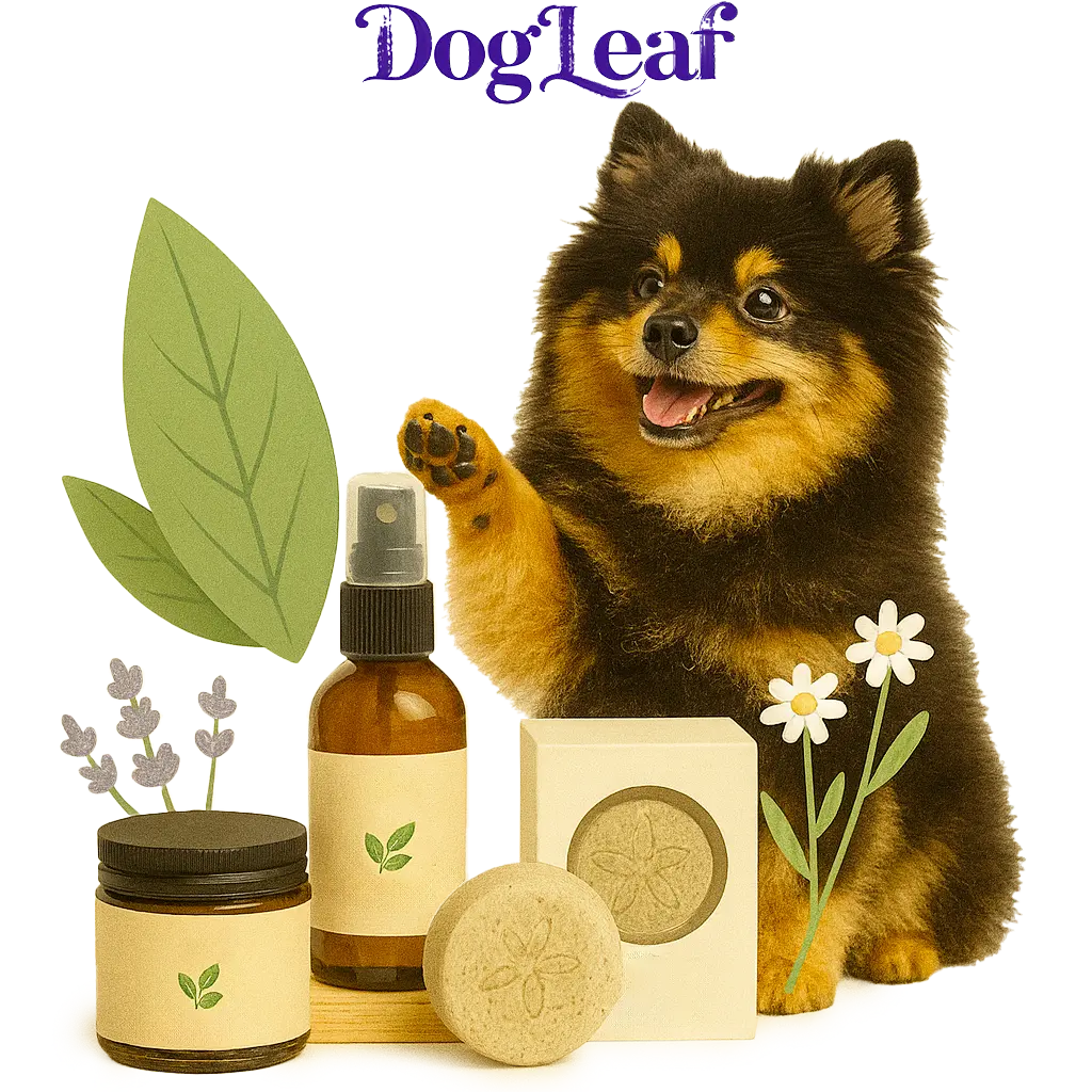 Soin de la peau et des poils, et petits baumes, shampoings solides pour le bien-être Un petit spitz pose avec des produits de soins canins : sprays et baumes pour entretenir le poil et faire du bien au corps.