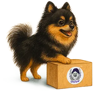 Chien sur un colis DOGLEAF - LIVRAISON FRANCE Offerte dès 29€ d'achat sur tout le site Chien DogLeaf